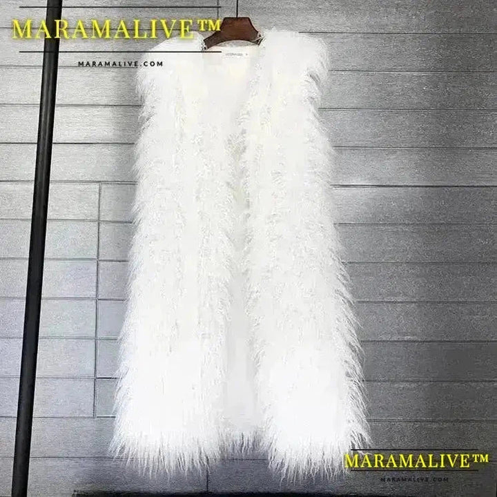 Long Vest Jacket Mongolia Sheep Fur Women Colorful Warm Faux Fur Plush Coats Autumn Winter Furry Outerwear Maxi Coat Windbreaker