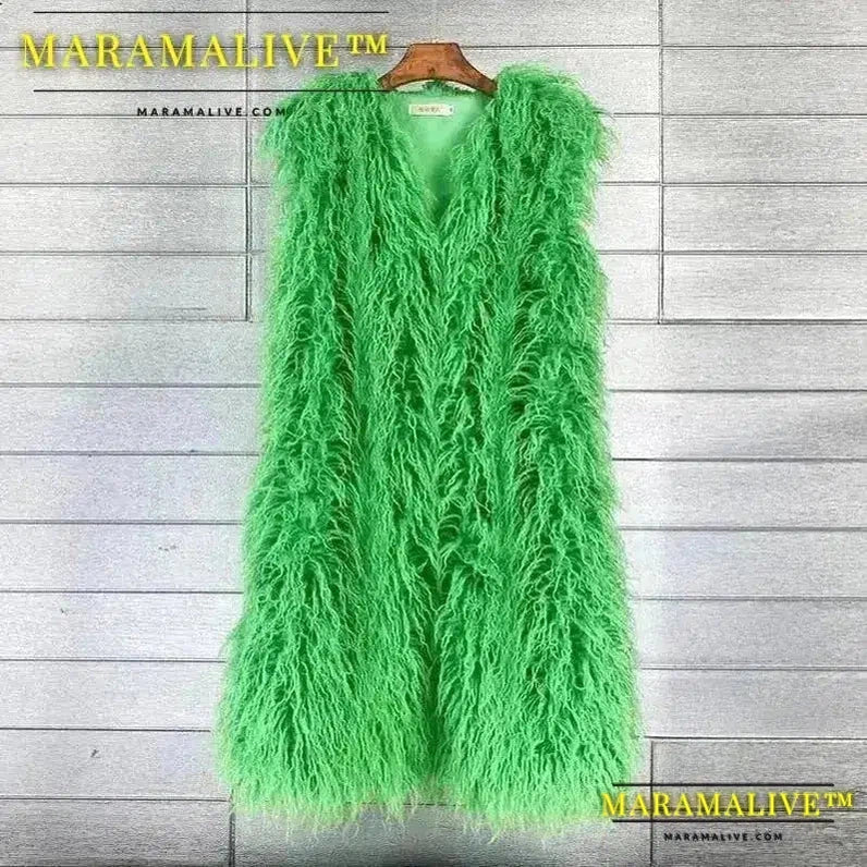 Long Vest Jacket Mongolia Sheep Fur Women Colorful Warm Faux Fur Plush Coats Autumn Winter Furry Outerwear Maxi Coat Windbreaker