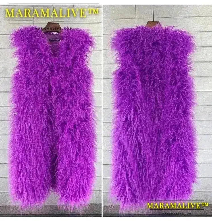 Long Vest Jacket Mongolia Sheep Fur Women Colorful Warm Faux Fur Plush Coats Autumn Winter Furry Outerwear Maxi Coat Windbreaker