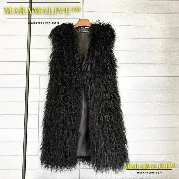 Long Vest Jacket Mongolia Sheep Fur Women Colorful Warm Faux Fur Plush Coats Autumn Winter Furry Outerwear Maxi Coat Windbreaker