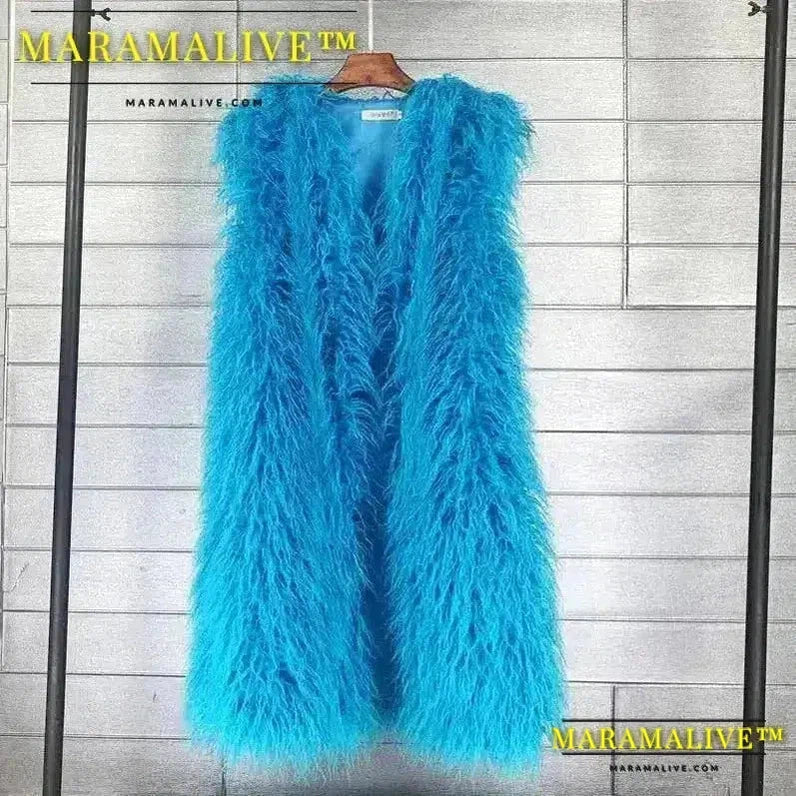 Long Vest Jacket Mongolia Sheep Fur Women Colorful Warm Faux Fur Plush Coats Autumn Winter Furry Outerwear Maxi Coat Windbreaker