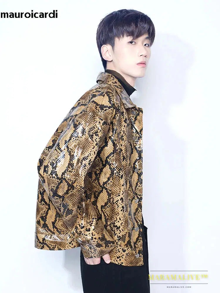 Loose Cool Shiny Colorful Snakeskin Print Pu Leather Jacket Men Luxury Designer Clothes Streeetwear