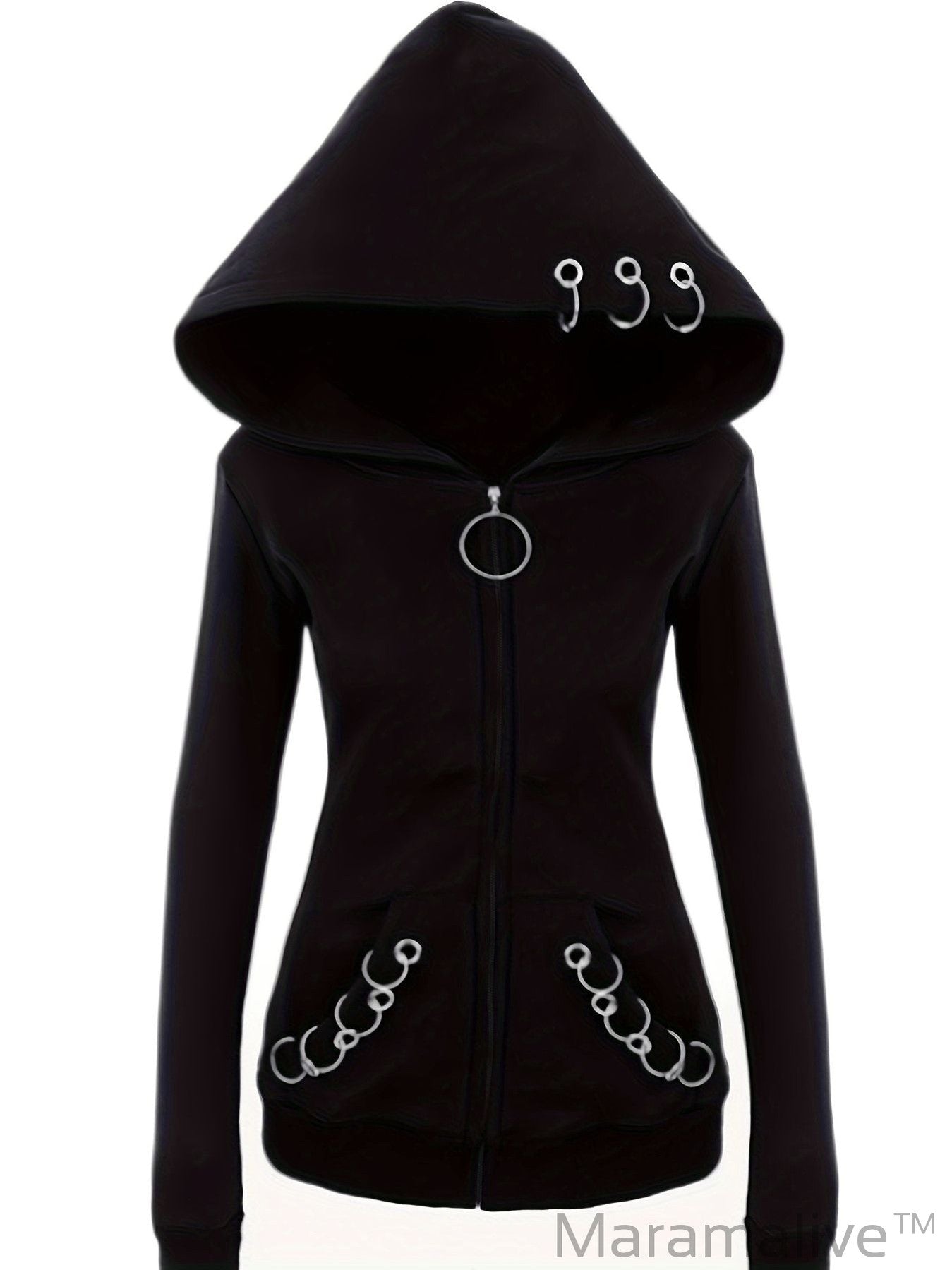 Loose Gothic Punk Long Sleeve Hooded Black Sweatshirt, Solid Fashion Hoodies Zipper Jacket, Women's Clothing