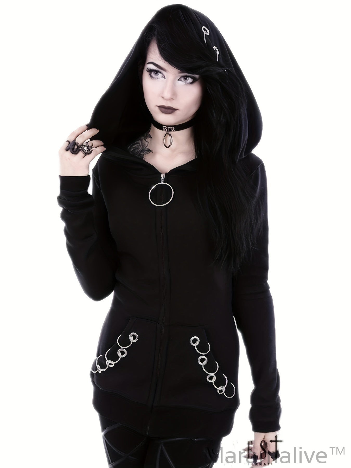 Loose Gothic Punk Long Sleeve Hooded Black Sweatshirt, Solid Fashion Hoodies Zipper Jacket, Women's Clothing