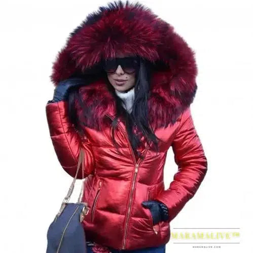 Loose Jacket Women Autumn Winter Faux Fur Hood Zipper Warm Down Coat Outdoor Parka Outerwear Short Jacket