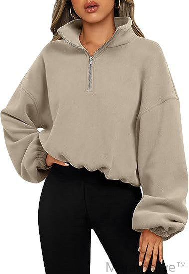 Loose Sport Pullover Hoodie Women Winter Solid Color Zipper Stand Collar Sweatshirt Thick Warm Clothing