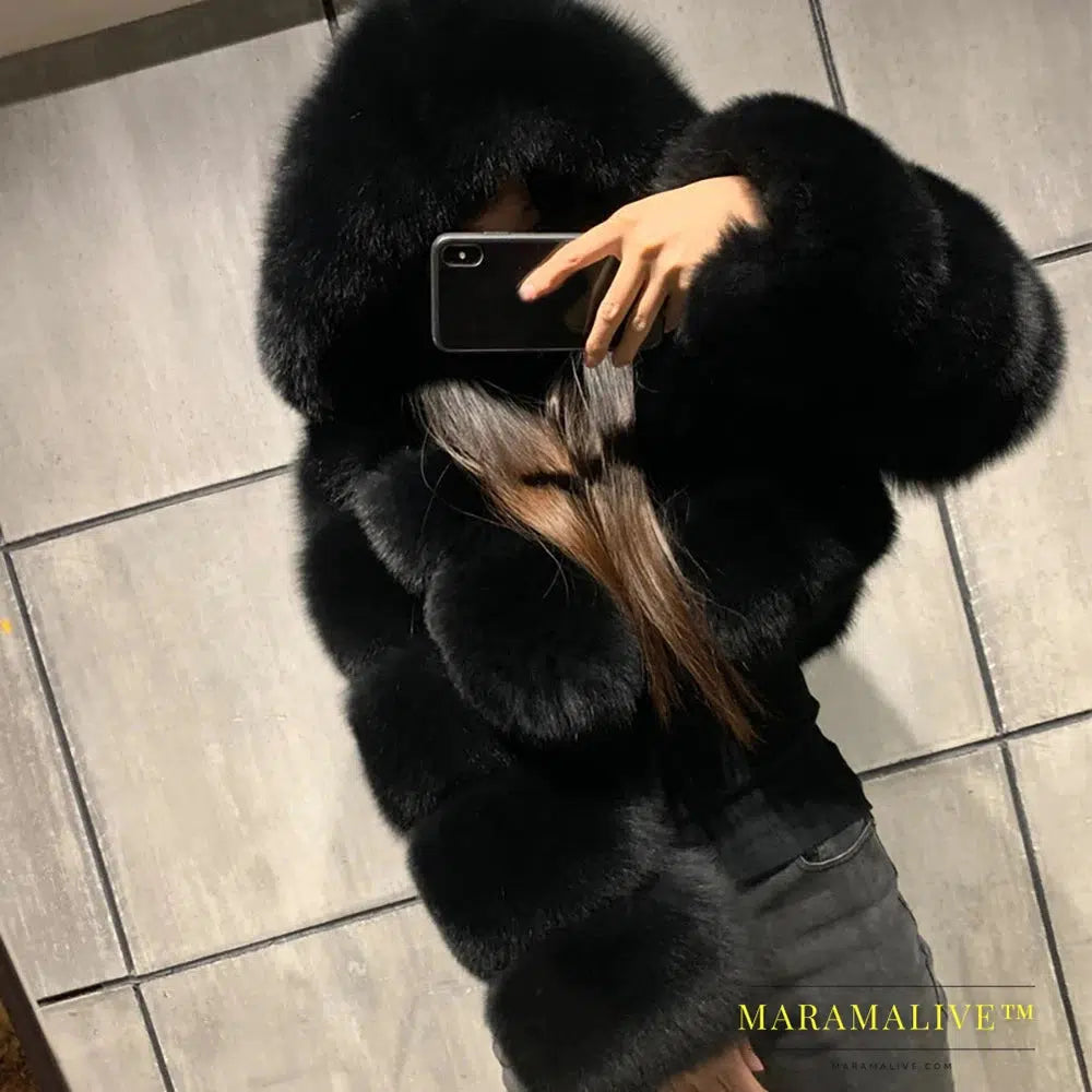 Loose Women Jacket Fashion Autumn Winter Faux Fur Cropped Coat Fluffy Zip Hooded Warm Short Jacket