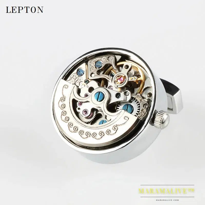 Low-key Luxury Functional Watch Movement Cufflinks Lepton Stainless Steel Steampunk Gear Watch Mechanism Cufflinks for Mens