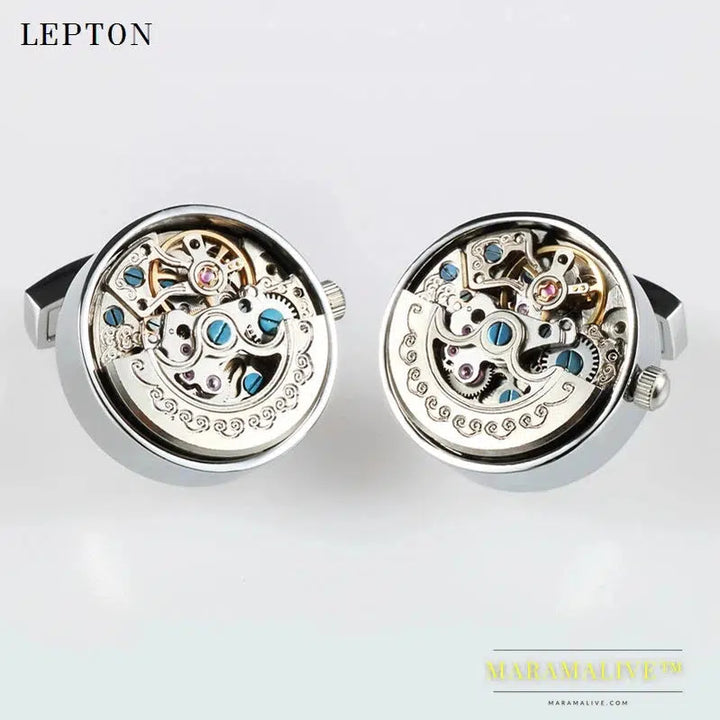 Low-key Luxury Functional Watch Movement Cufflinks Lepton Stainless Steel Steampunk Gear Watch Mechanism Cufflinks for Mens