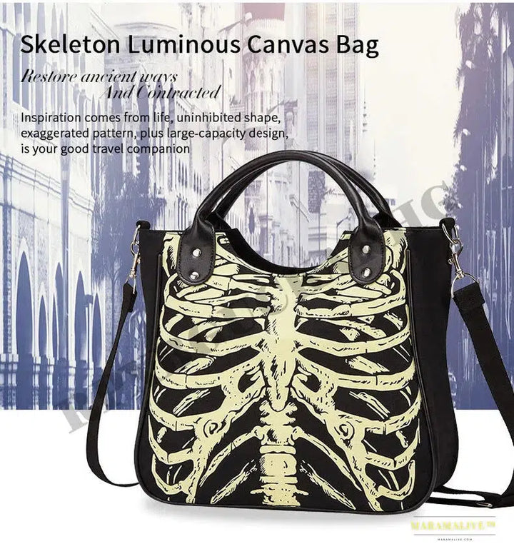 Luminous Gothic Skeleton Tote - Trendy Designer Punk Rock Handbag