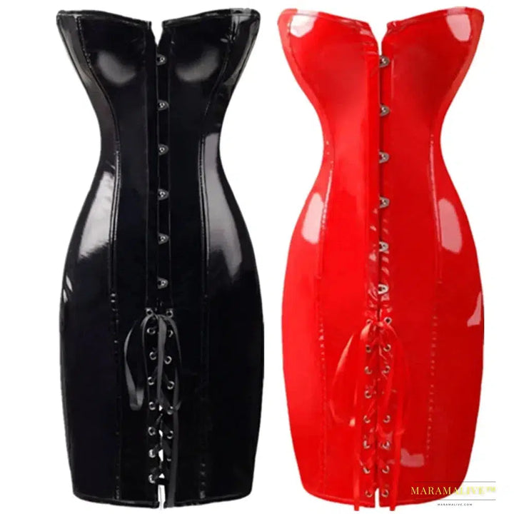 Luxe Gothic Punk PVC Leather Corset Dress - Strapless Torso Bustier Mini Dress for Vibrant Fashion Statement