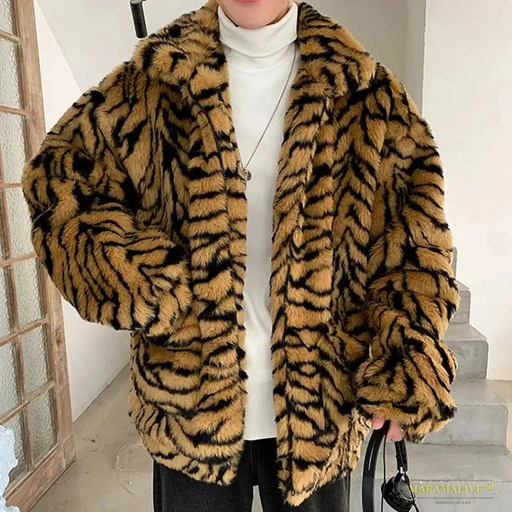 Luxurious Faux Fur Men's Coat with Turn-down Collar in Tiger Leopard Print - Gothic Vintage Clubwear