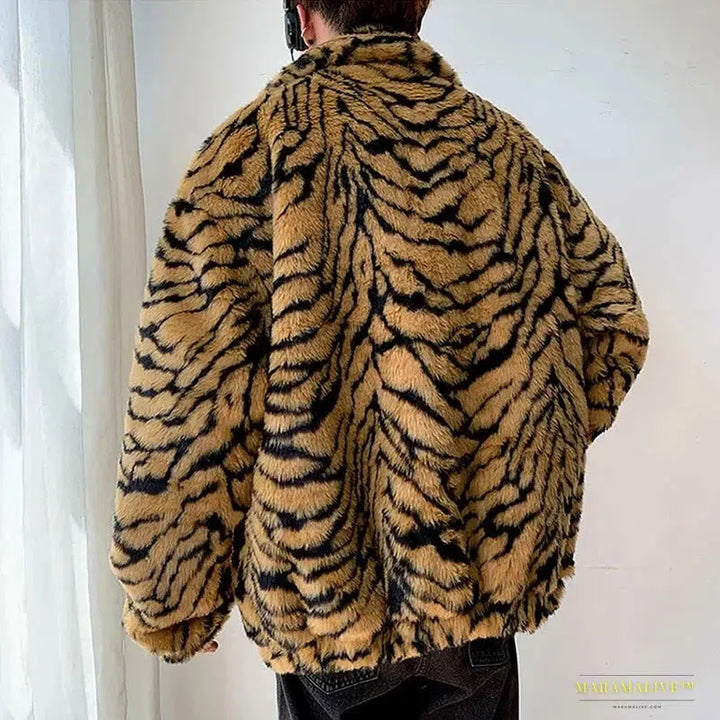 Luxurious Faux Fur Men's Coat with Turn-down Collar in Tiger Leopard Print - Gothic Vintage Clubwear