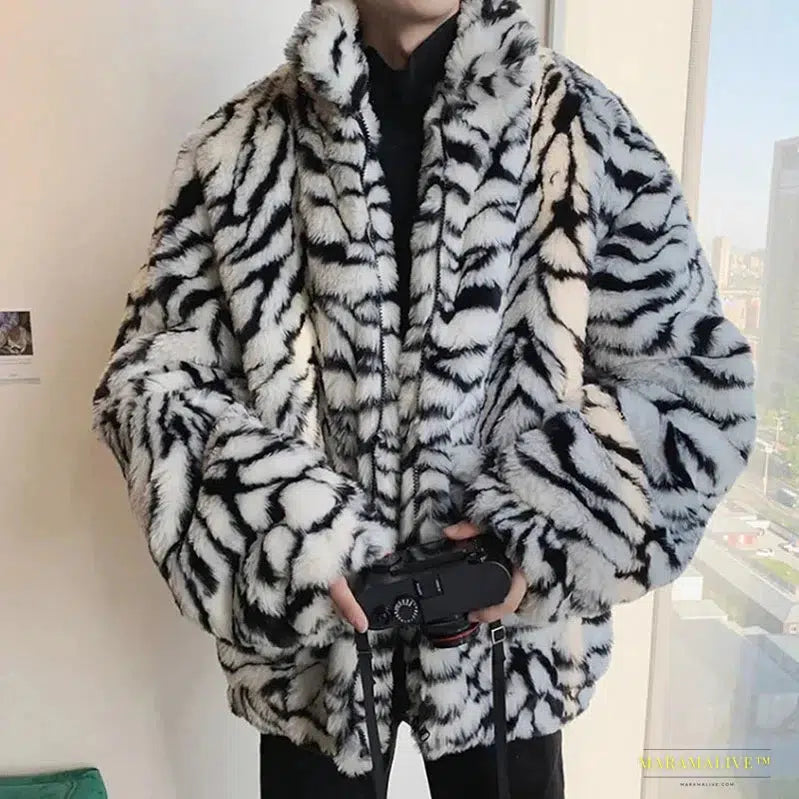 Luxurious Faux Fur Men's Coat with Turn-down Collar in Tiger Leopard Print - Gothic Vintage Clubwear