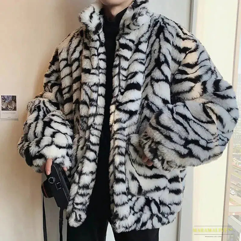 Luxurious Faux Fur Men's Coat with Turn-down Collar in Tiger Leopard Print - Gothic Vintage Clubwear