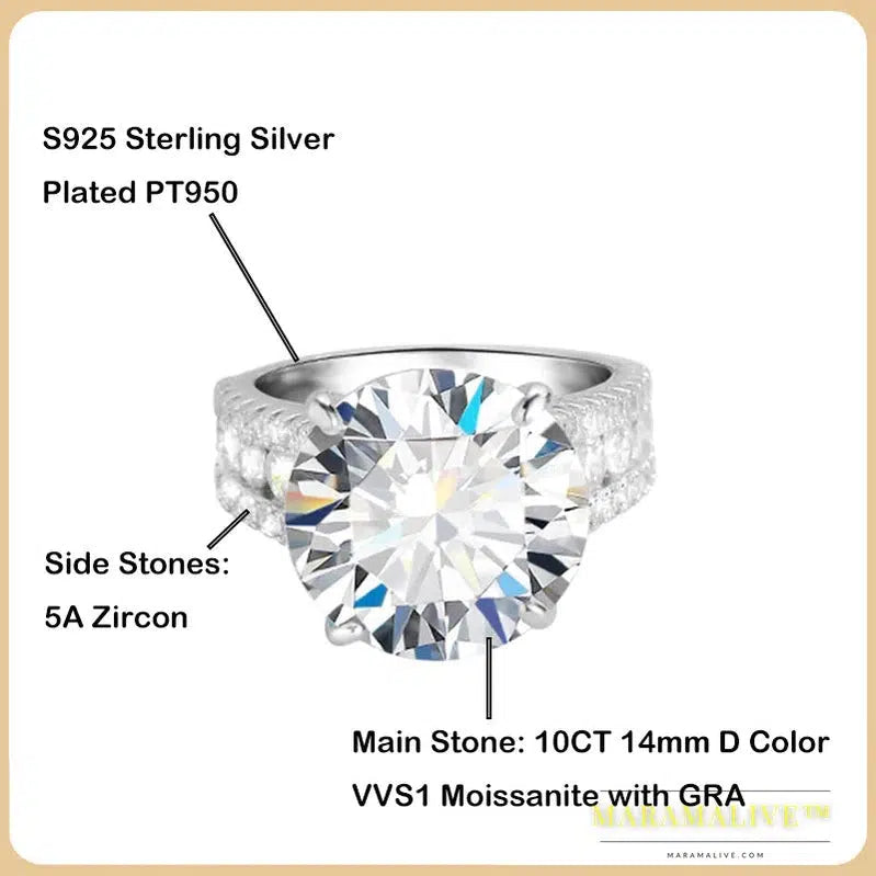 Luxury Designer D Color 10CT 14mm Moissanite Engagement Ring for Women Girl S925 Silver Plated PT950 Diamond Rings Band