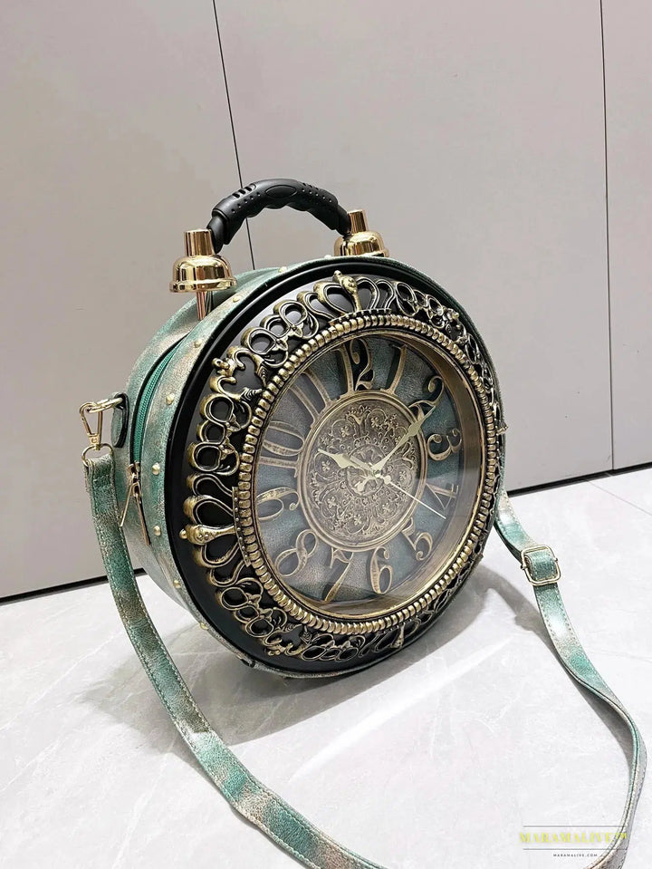 Luxury Designer Gothic-Punk Round Purse & Shoulder Bag – Unusual Clock-shaped Art Piece