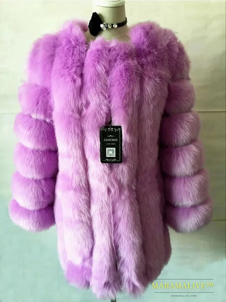 Luxury Faux Fox Fur Coat Slim Long Pink Red Blue Faux Fur Jacket Women Fake Fur Coats