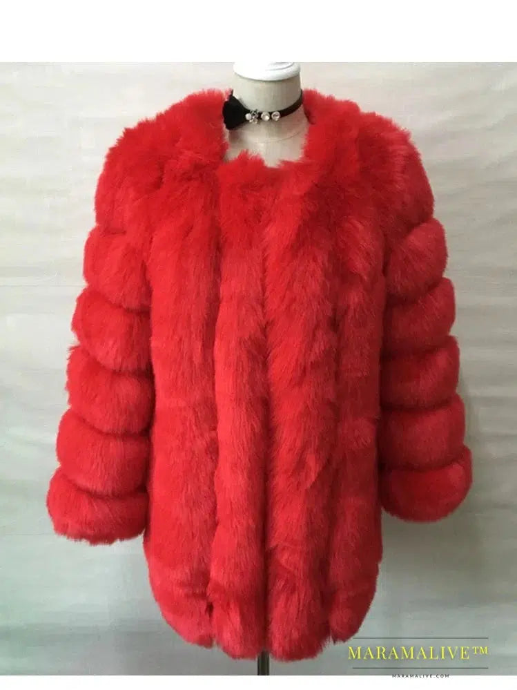 Luxury Faux Fox Fur Coat Slim Long Pink Red Blue Faux Fur Jacket Women Fake Fur Coats