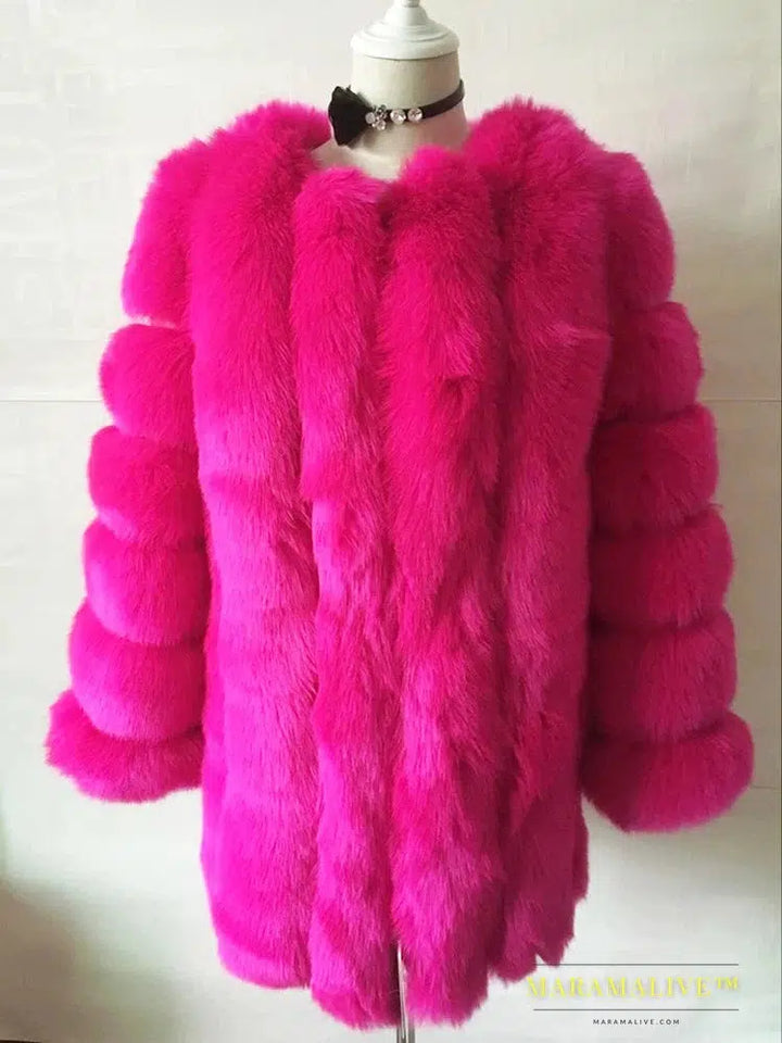 Luxury Faux Fox Fur Coat Slim Long Pink Red Blue Faux Fur Jacket Women Fake Fur Coats