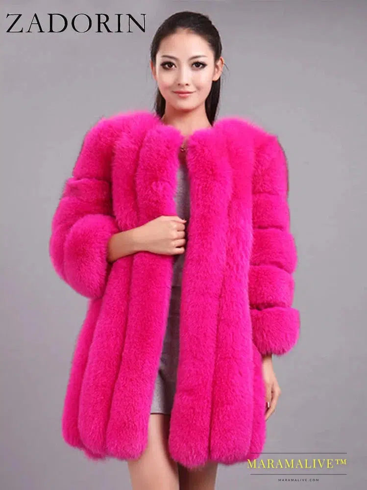 Luxury Faux Fox Fur Coat Slim Long Pink Red Blue Faux Fur Jacket Women Fake Fur Coats