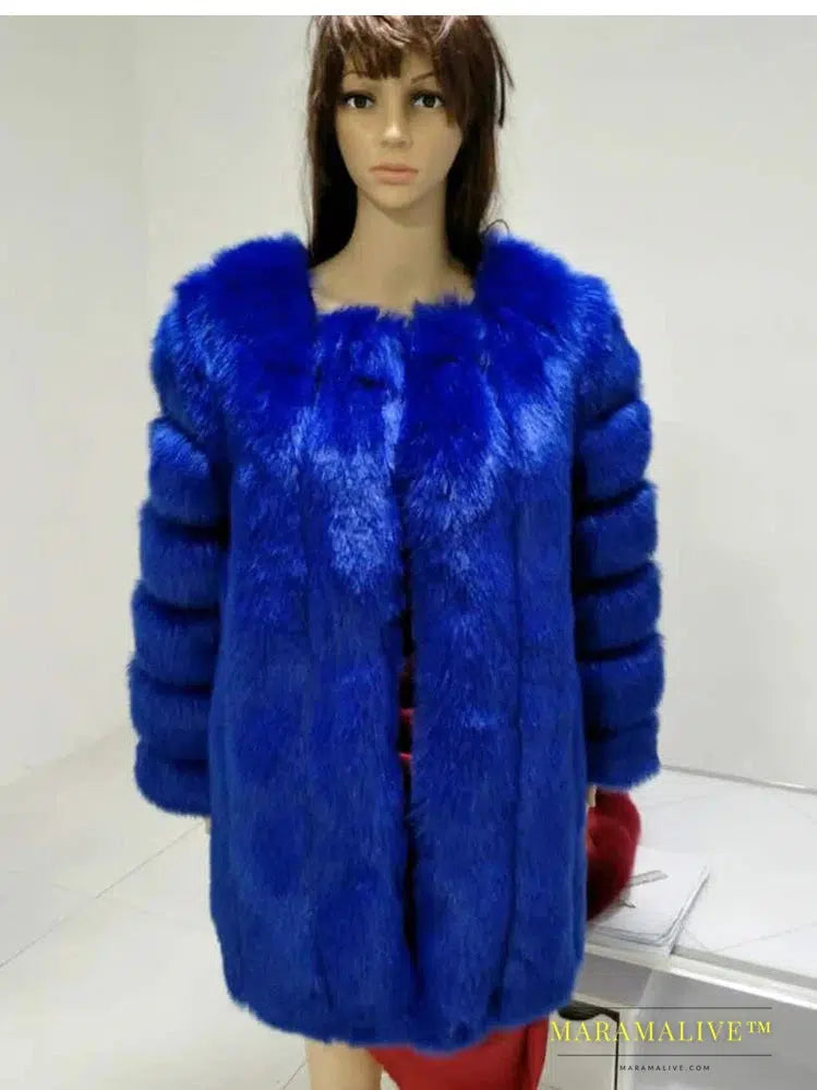 Luxury Faux Fox Fur Coat Slim Long Pink Red Blue Faux Fur Jacket Women Fake Fur Coats