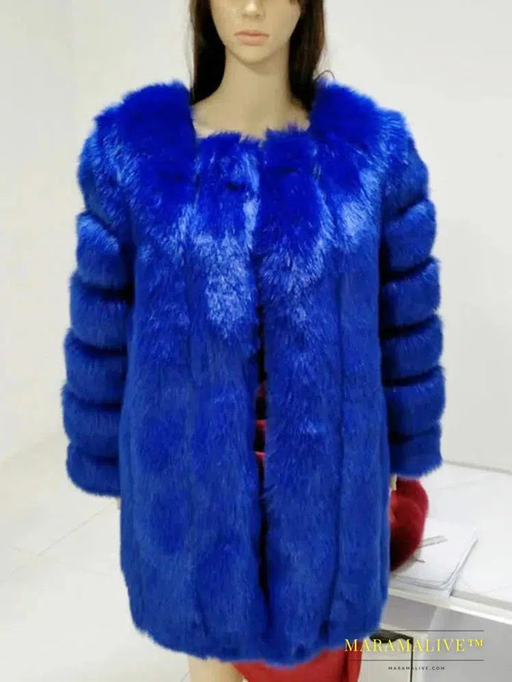 Luxury Faux Fox Fur Coat Slim Long Pink Red Blue Faux Fur Jacket Women Fake Fur Coats Manteau Fourrure