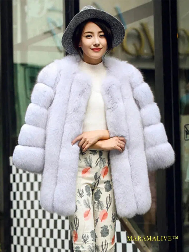 Luxury Faux Fox Fur Coat Slim Long Pink Red Blue Faux Fur Jacket Women Fake Fur Coats Manteau Fourrure