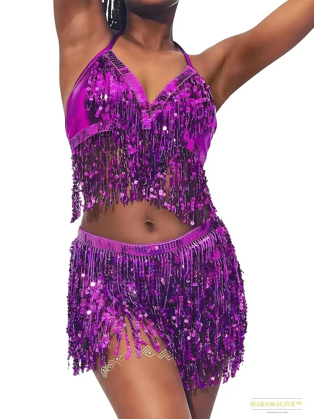 Luxury Gothic fashion Vibrant Sequin Belly Dance Costume Set - Stunning 4 Layer Tassel Halter Top, Skirt, and Belt