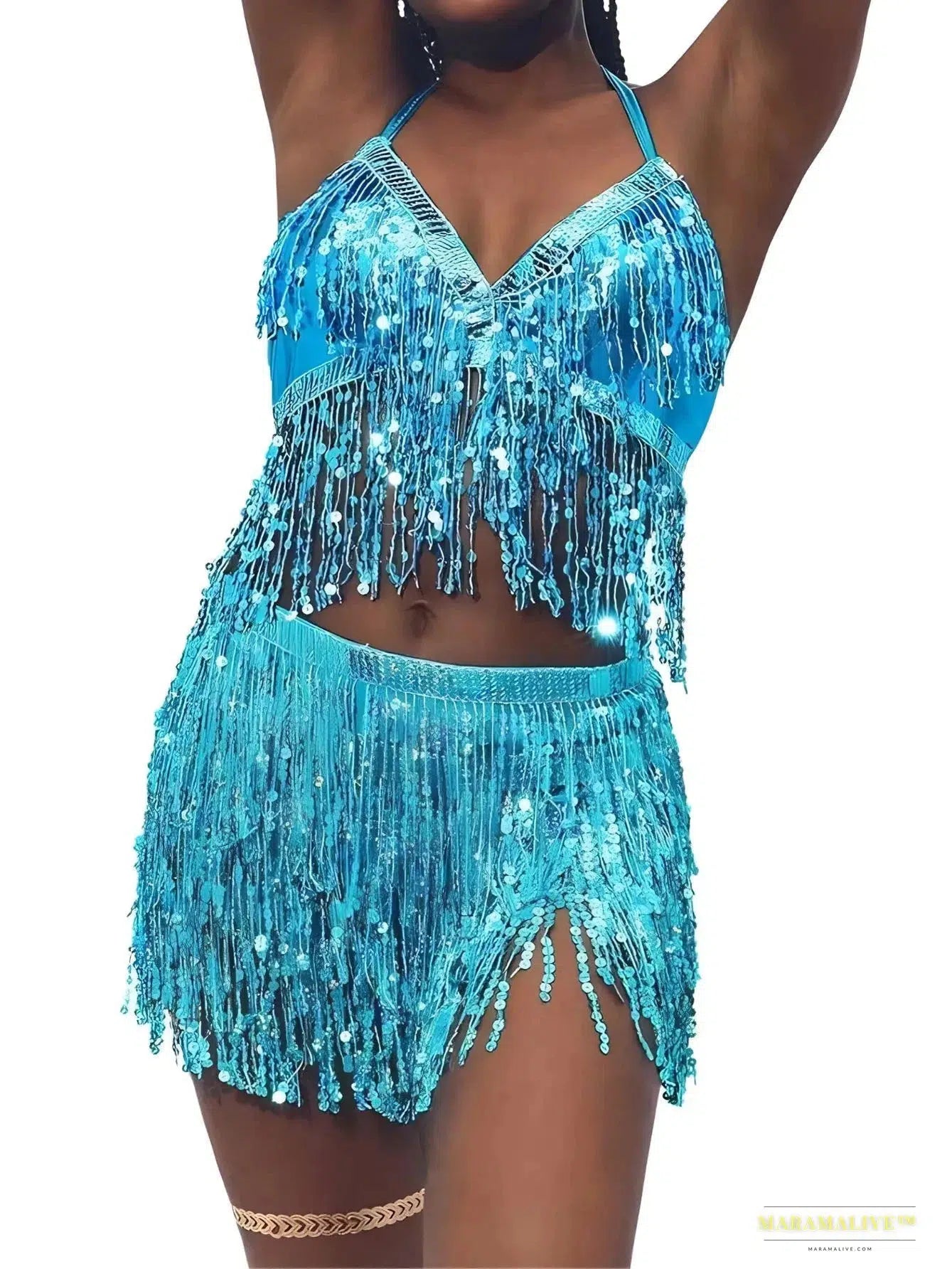 Luxury Gothic fashion Vibrant Sequin Belly Dance Costume Set - Stunning 4 Layer Tassel Halter Top, Skirt, and Belt