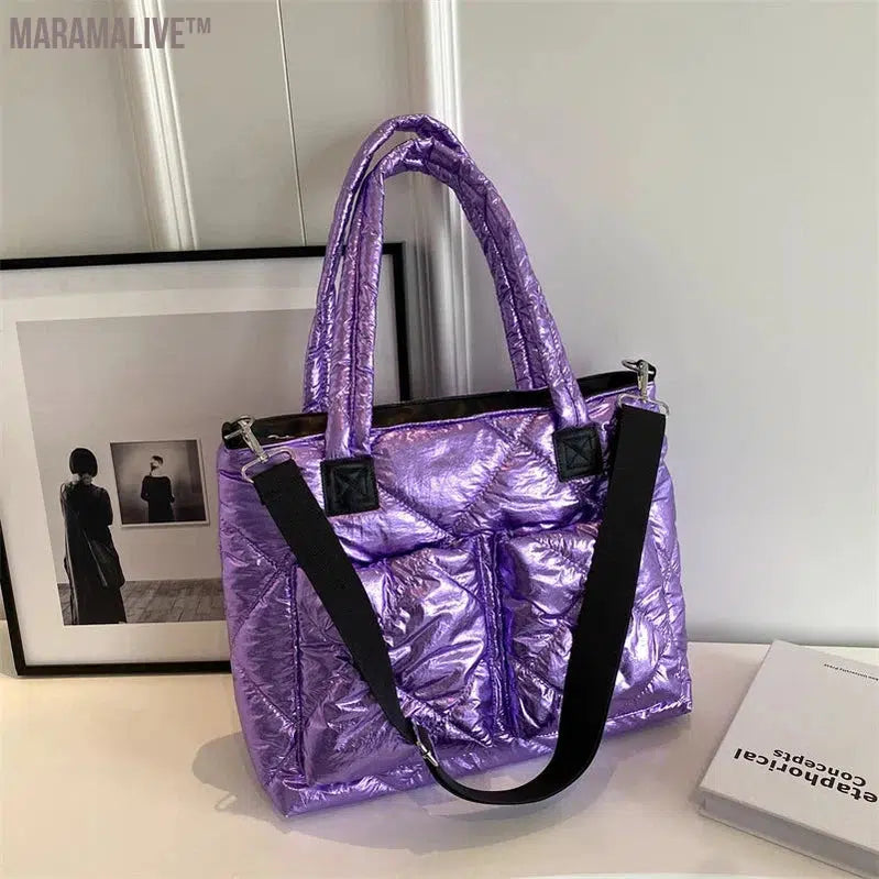 Luxury Purple Design Padded Bag For Women 2023 New Winter Cotton Space Handbag Shoulder Bag Female Large Messenger Tote Bag