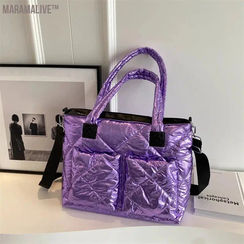 Luxury Purple Design Padded Bag For Women 2023 New Winter Cotton Space Handbag Shoulder Bag Female Large Messenger Tote Bag