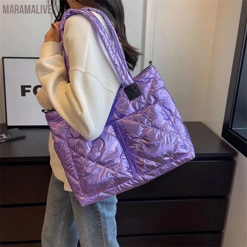 Luxury Purple Design Padded Bag For Women 2023 New Winter Cotton Space Handbag Shoulder Bag Female Large Messenger Tote Bag