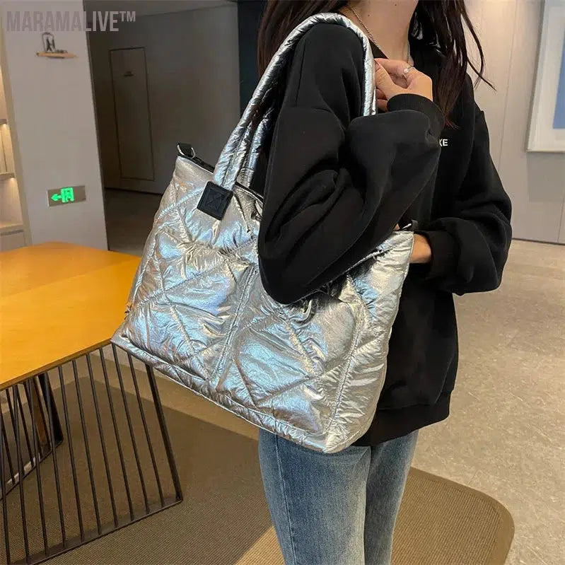 Luxury Purple Design Padded Bag For Women 2023 New Winter Cotton Space Handbag Shoulder Bag Female Large Messenger Tote Bag