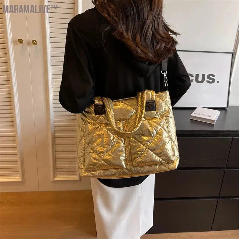 Luxury Purple Design Padded Bag For Women 2023 New Winter Cotton Space Handbag Shoulder Bag Female Large Messenger Tote Bag