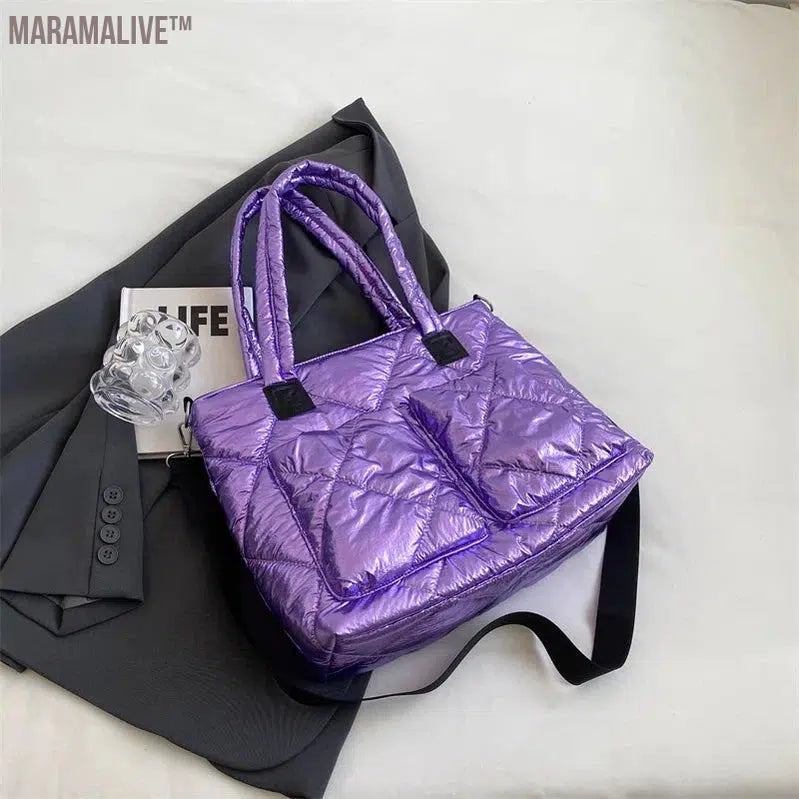 Luxury Purple Design Padded Bag For Women 2023 New Winter Cotton Space Handbag Shoulder Bag Female Large Messenger Tote Bag