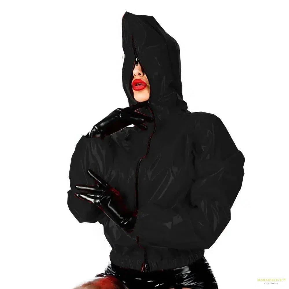 Maramalive Faux Leather PVC Hoodie: Casual College Jacket with Zipper Punk Style Long Sleeve Top for Men and Women Plus Size Latex Rubber