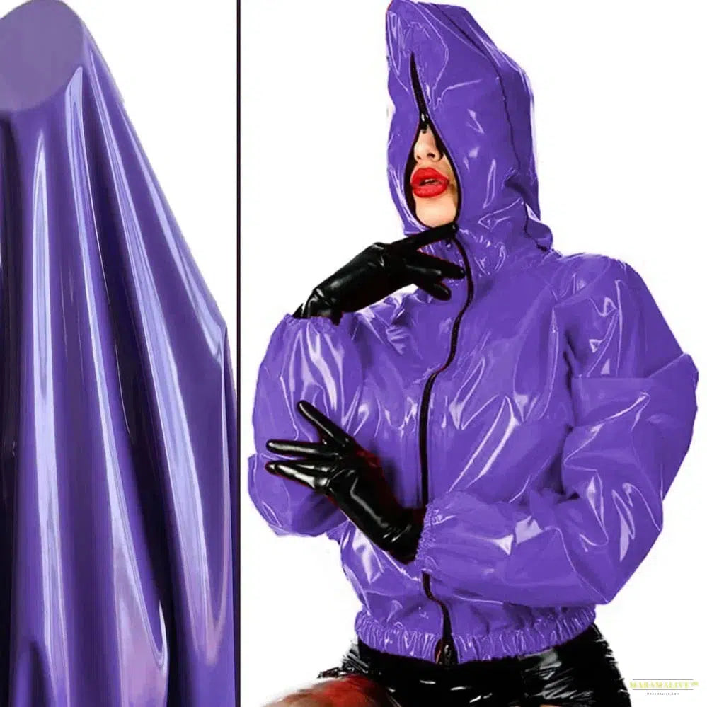 Maramalive Faux Leather PVC Hoodie: Casual College Jacket with Zipper Punk Style Long Sleeve Top for Men and Women Plus Size Latex Rubber