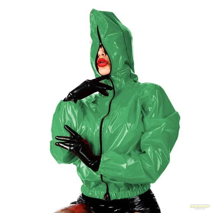 Maramalive Faux Leather PVC Hoodie: Casual College Jacket with Zipper Punk Style Long Sleeve Top for Men and Women Plus Size Latex Rubber