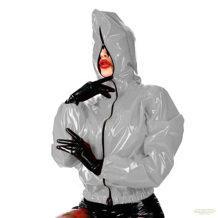 Maramalive Faux Leather PVC Hoodie: Casual Punk Style Long Sleeve Top for College Zippered Rubber Outwear in Plus Size