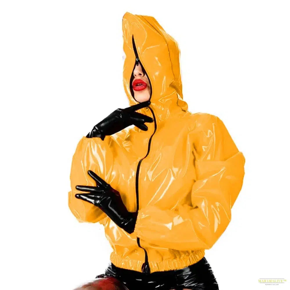 Maramalive Faux Leather PVC Hoodie: Casual Punk Style Long Sleeve Top for College Zippered Rubber Outwear in Plus Size