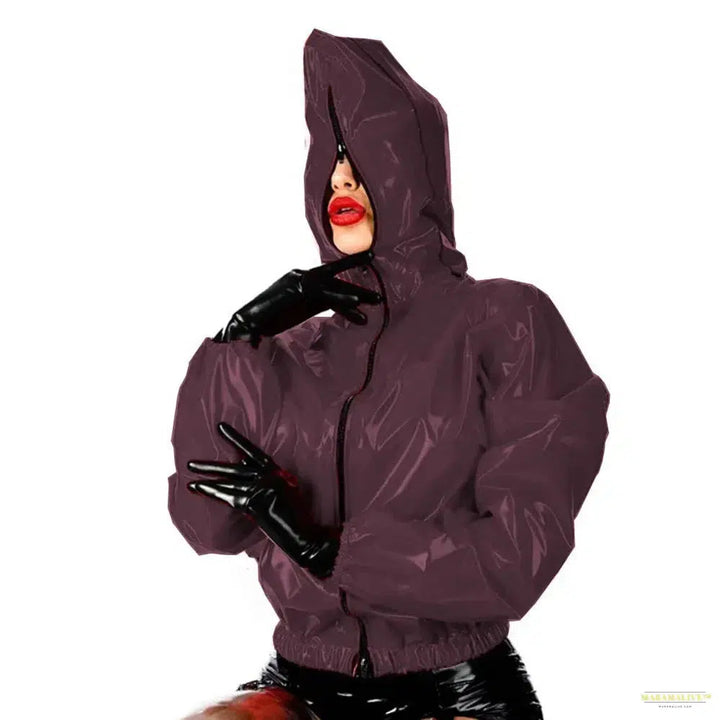 Maramalive Faux Leather PVC Hoodie: Casual Punk Style Long Sleeve Top for College Zippered Rubber Outwear in Plus Size