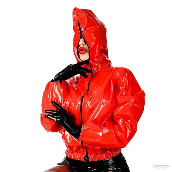 Maramalive Faux Leather PVC Hoodie: Casual Punk Style Long Sleeve Top for College Zippered Rubber Outwear in Plus Size