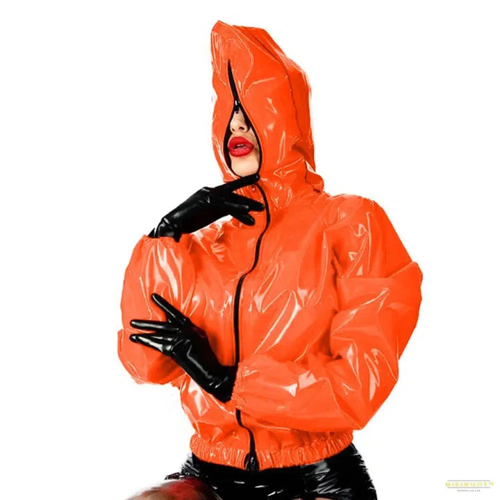 Maramalive Faux Leather PVC Hoodie: Casual Punk Style Long Sleeve Top for College Zippered Rubber Outwear in Plus Size