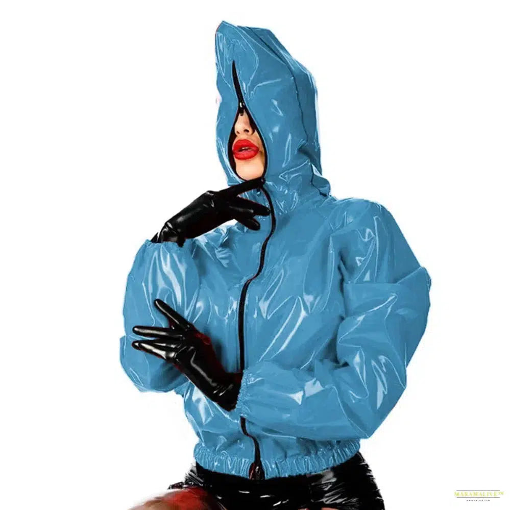 Maramalive Faux Leather PVC Hoodie: Casual Punk Style Long Sleeve Top for College Zippered Rubber Outwear in Plus Size