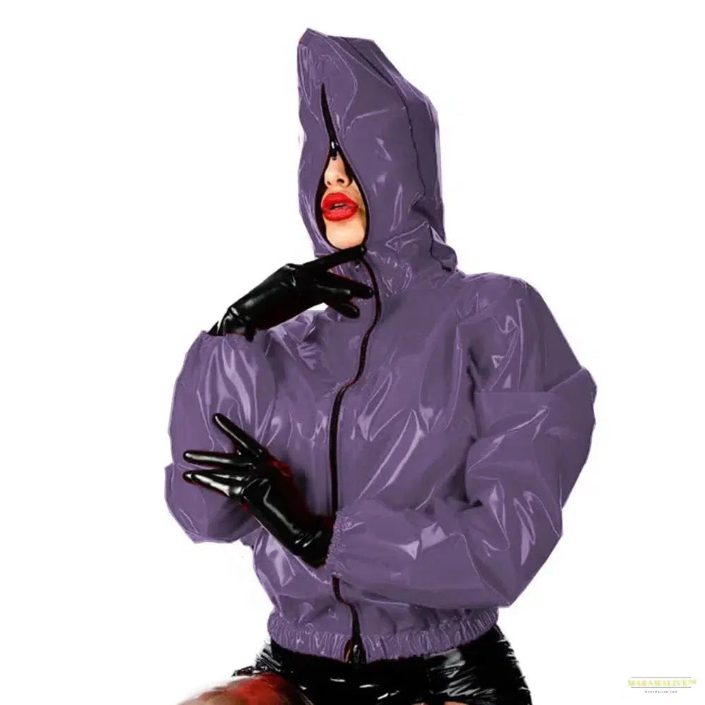 Maramalive Faux Leather PVC Hoodie: Casual Punk Style Long Sleeve Top for College Zippered Rubber Outwear in Plus Size