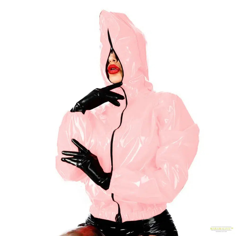 Maramalive Faux Leather PVC Hoodie: Casual Punk Style Long Sleeve Top for College Zippered Rubber Outwear in Plus Size