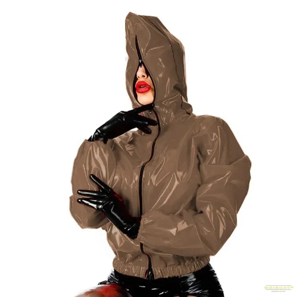 Maramalive Faux Leather PVC Hoodie: Casual Punk Style Long Sleeve Top for College with Zipper Closure Plus Size Latex Rubber