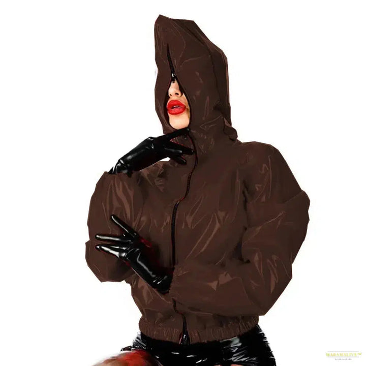 Maramalive Faux Leather PVC Hoodie: Casual Punk Style Long Sleeve Top for College with Zipper Closure Plus Size Latex Rubber