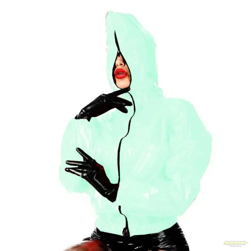 Maramalive Faux Leather PVC Hoodie: Casual Punk Style Long Sleeve Top for College with Zipper and Eye Catching Design